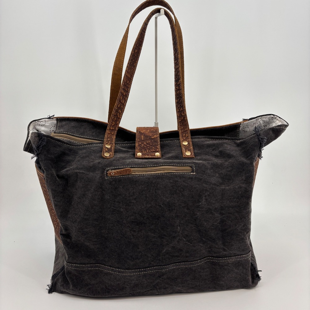 Myra Asher Weekender Bag Women Large Black White Cowhide Leather Canvas S-6780 - Picture 3 of 14